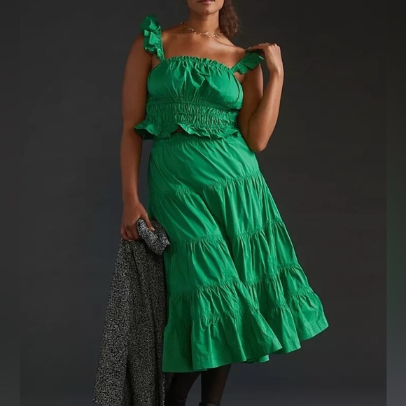 Maeve by Anthropologie Green Smocked Taffeta Tank and Matching Skirt. Size 16 W